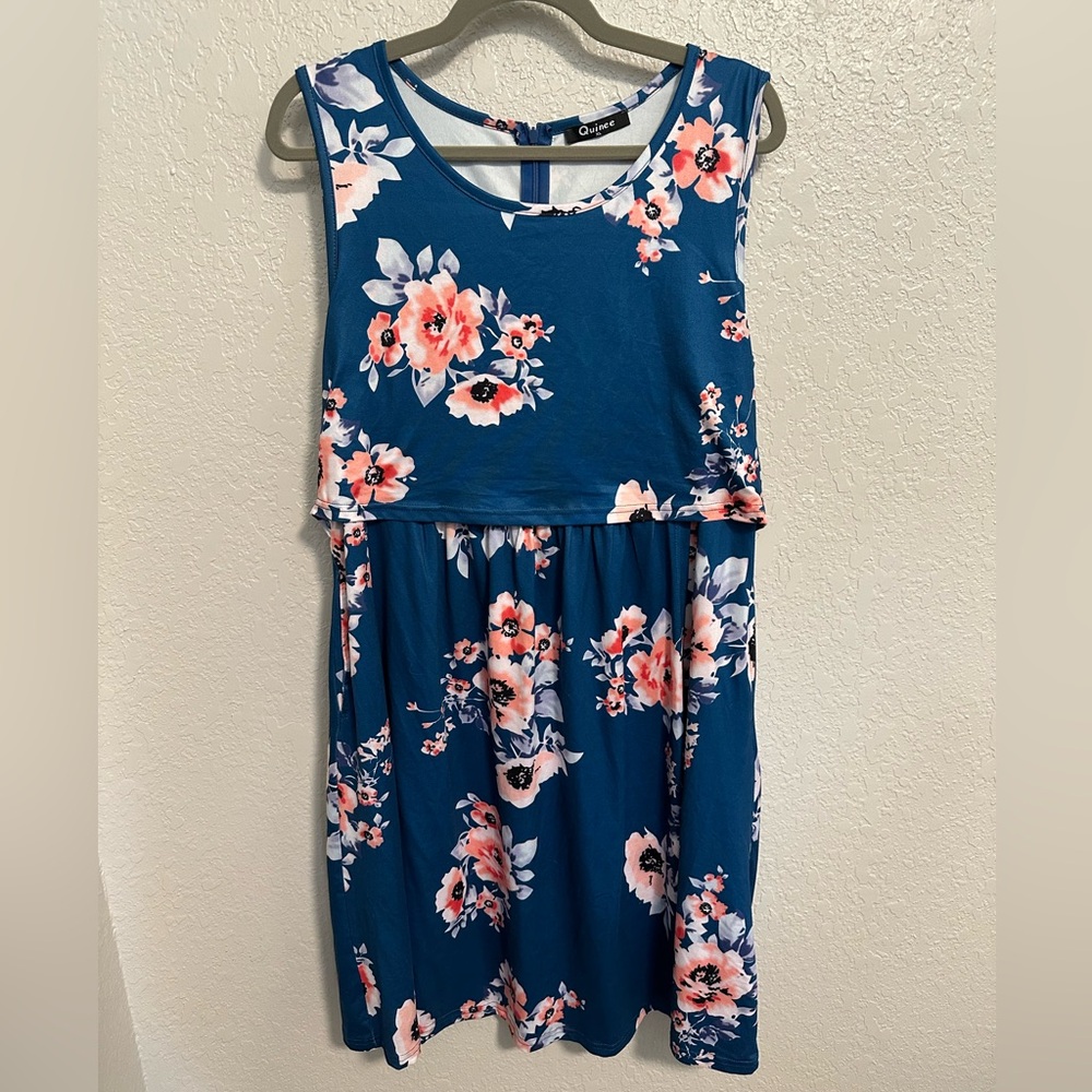 Floral Blue Breastfeeding Nursing Marernity Dress | Size XL